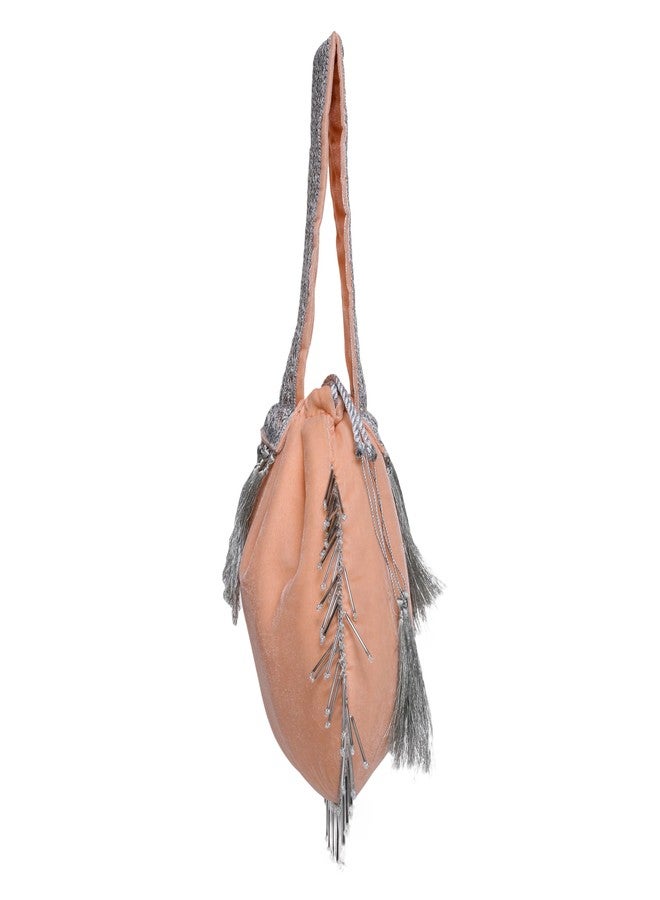 ATHZ Ethnic Handbags Royal Velvet bags for women Having latkan and Tassel embellishment with Handcrafted Strap (Peach, Silver) - Image 5